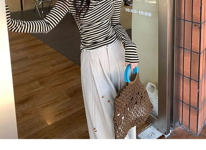 Extended Sleeve Asymmetric Collar Striped Shirt