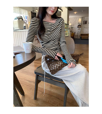 Extended Sleeve Asymmetric Collar Striped Shirt
