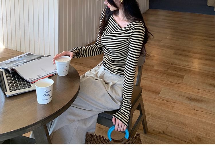 Extended Sleeve Asymmetric Collar Striped Shirt