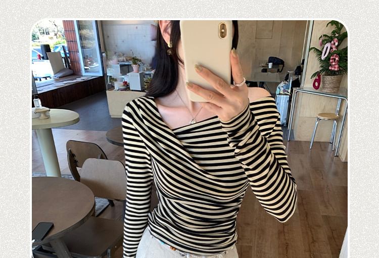 Extended Sleeve Asymmetric Collar Striped Shirt