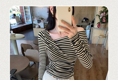 Extended Sleeve Asymmetric Collar Striped Shirt