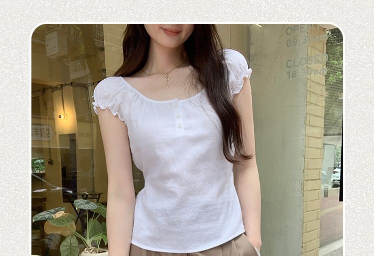 Puffed Sleeve Henley Solid Shirt