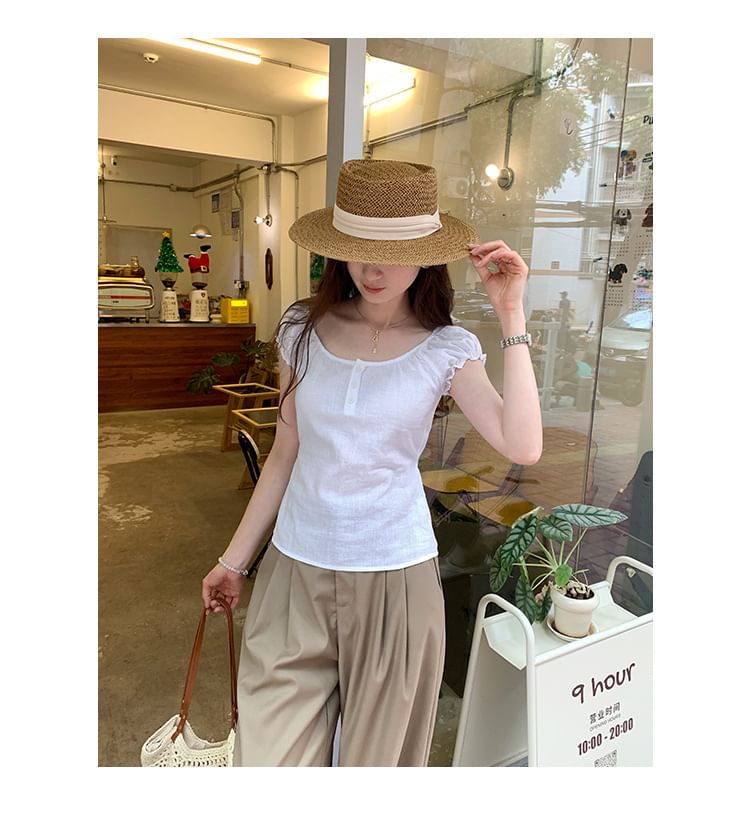 Puffed Sleeve Henley Solid Shirt