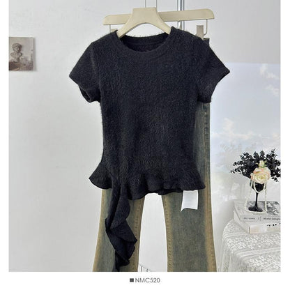 Short Sleeve Round Collar Minimalist Ruffled Asymmetric Top