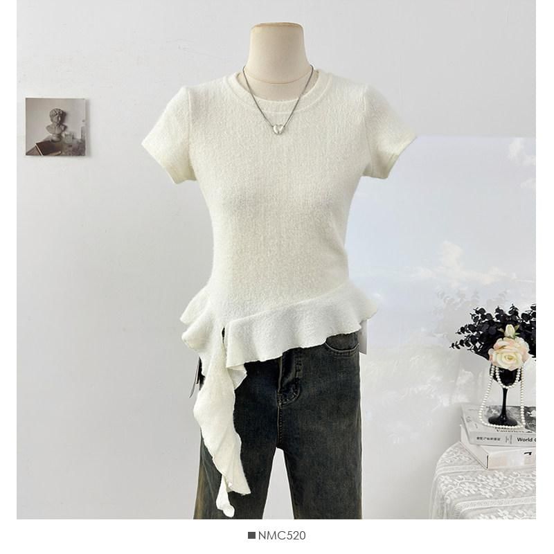 Short Sleeve Round Collar Minimalist Ruffled Asymmetric Top