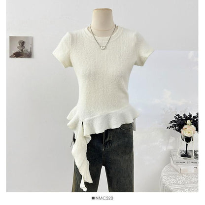 Short Sleeve Round Collar Minimalist Ruffled Asymmetric Top