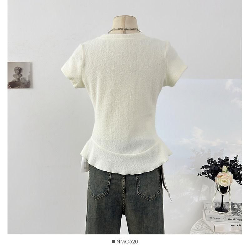 Short Sleeve Round Collar Minimalist Ruffled Asymmetric Top
