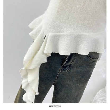 Short Sleeve Round Collar Minimalist Ruffled Asymmetric Top