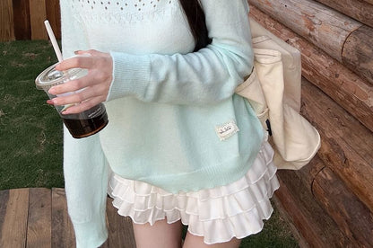 Lace-Trim Boat Neck Knit Top with Pointelle Details