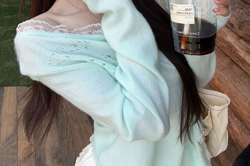 Lace-Trim Boat Neck Knit Top with Pointelle Details