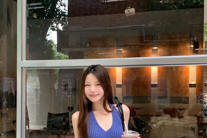 Ribbed Knit Slit Halter Top