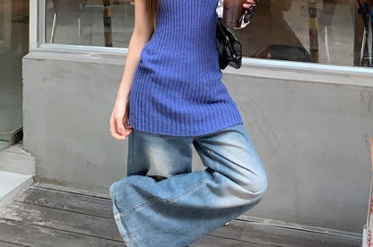 Ribbed Knit Slit Halter Top