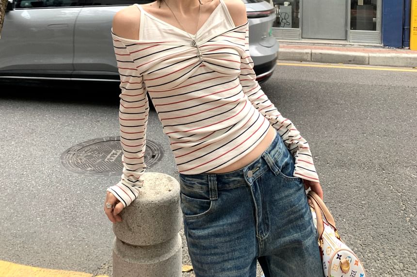 Cold-Shoulder Striped Ruched Long-Sleeve Top