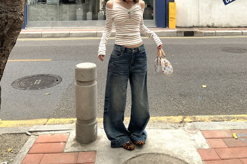 Cold-Shoulder Striped Ruched Long-Sleeve Top
