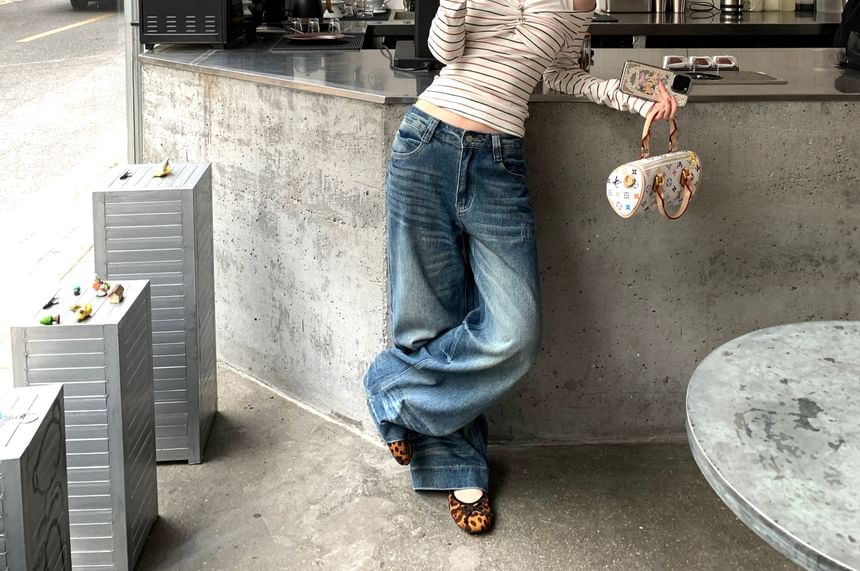 Cold-Shoulder Striped Ruched Long-Sleeve Top