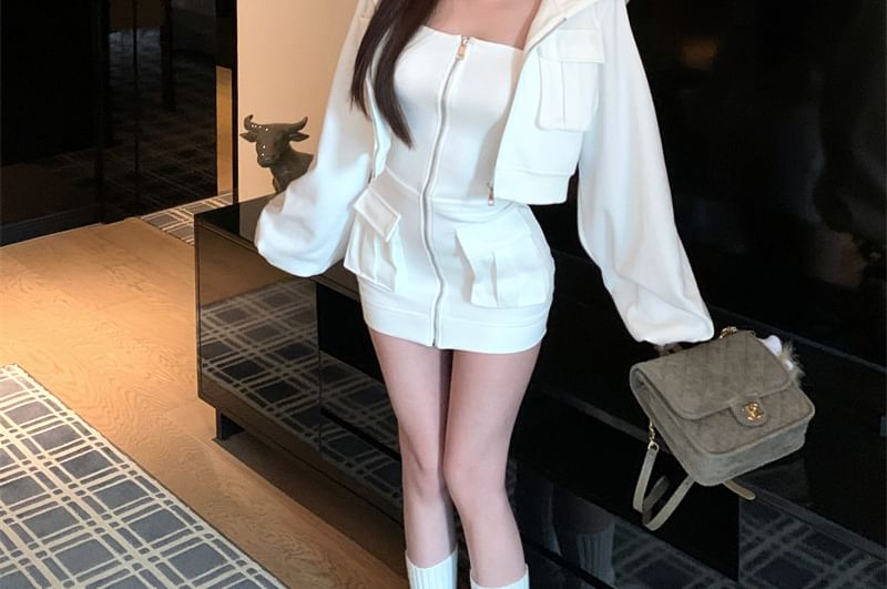 Zip-Up Crop Hoodie & Strapless Mini Dress Set