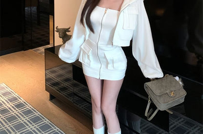 Zip-Up Crop Hoodie & Strapless Mini Dress Set