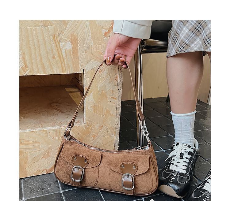 Buckled Flap Pocket Faux Suede Crossbody Shoulder Bag