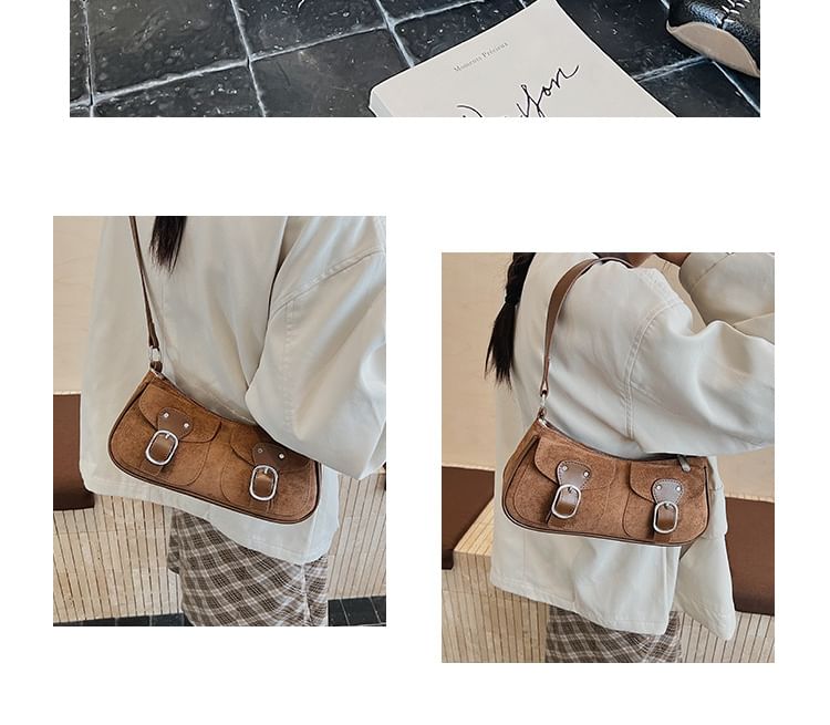 Buckled Flap Pocket Faux Suede Crossbody Shoulder Bag