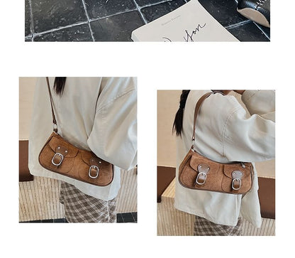Buckled Flap Pocket Faux Suede Crossbody Shoulder Bag