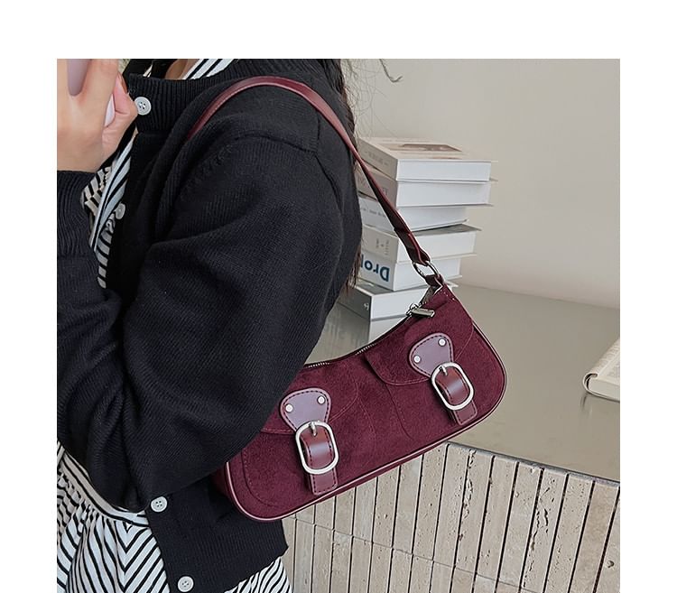 Buckled Flap Pocket Faux Suede Crossbody Shoulder Bag