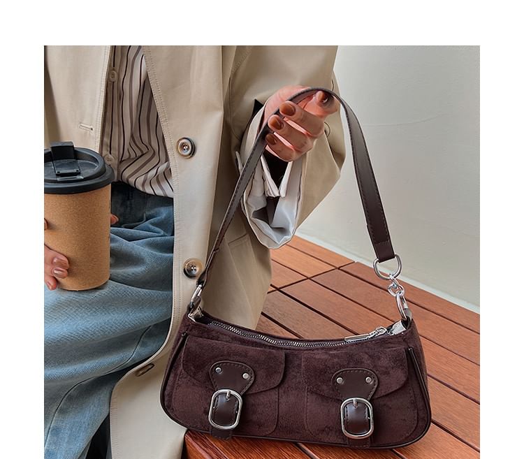 Buckled Flap Pocket Faux Suede Crossbody Shoulder Bag