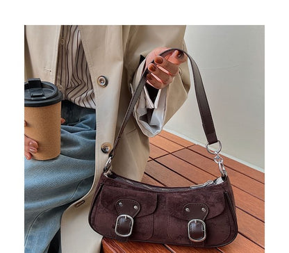 Buckled Flap Pocket Faux Suede Crossbody Shoulder Bag