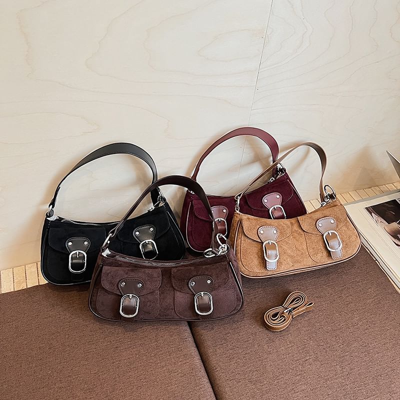 Buckled Flap Pocket Faux Suede Crossbody Shoulder Bag