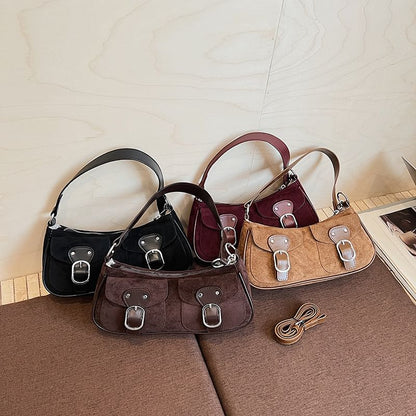 Buckled Flap Pocket Faux Suede Crossbody Shoulder Bag