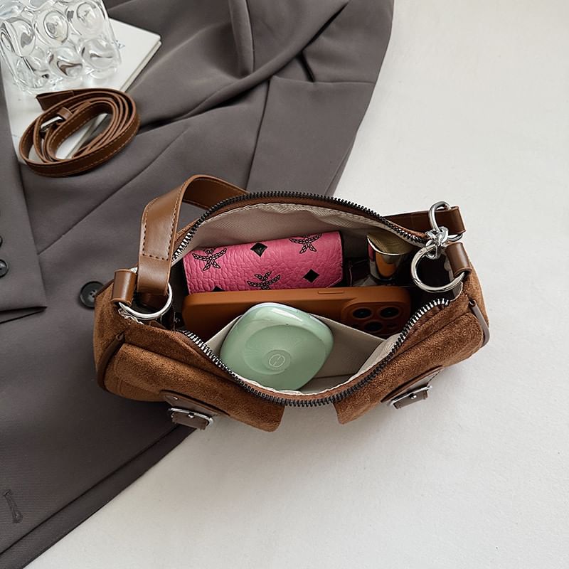 Buckled Flap Pocket Faux Suede Crossbody Shoulder Bag