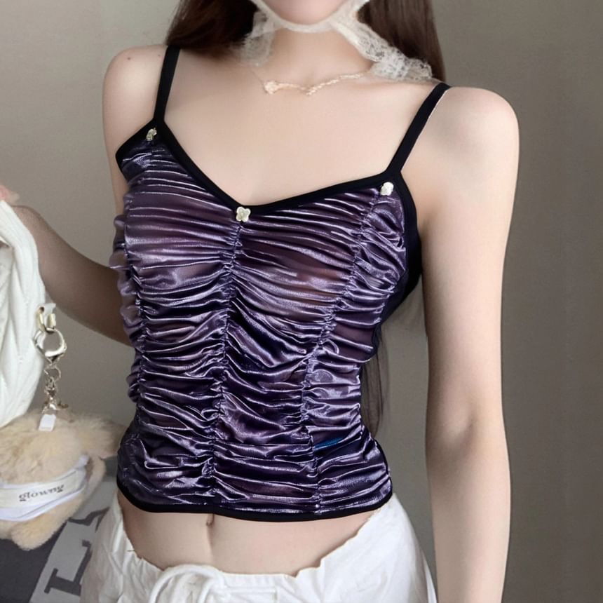 Ruched Sleeveless V-Neck Crop Top