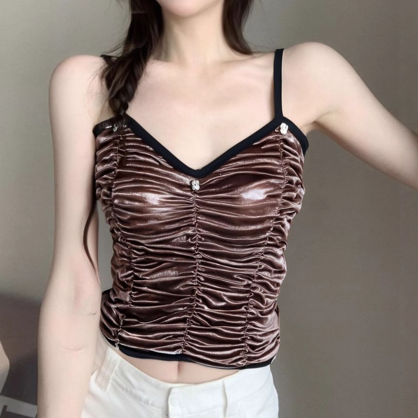 Ruched Sleeveless V-Neck Crop Top