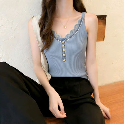 Lace-Trim V-Neck Knit Tank