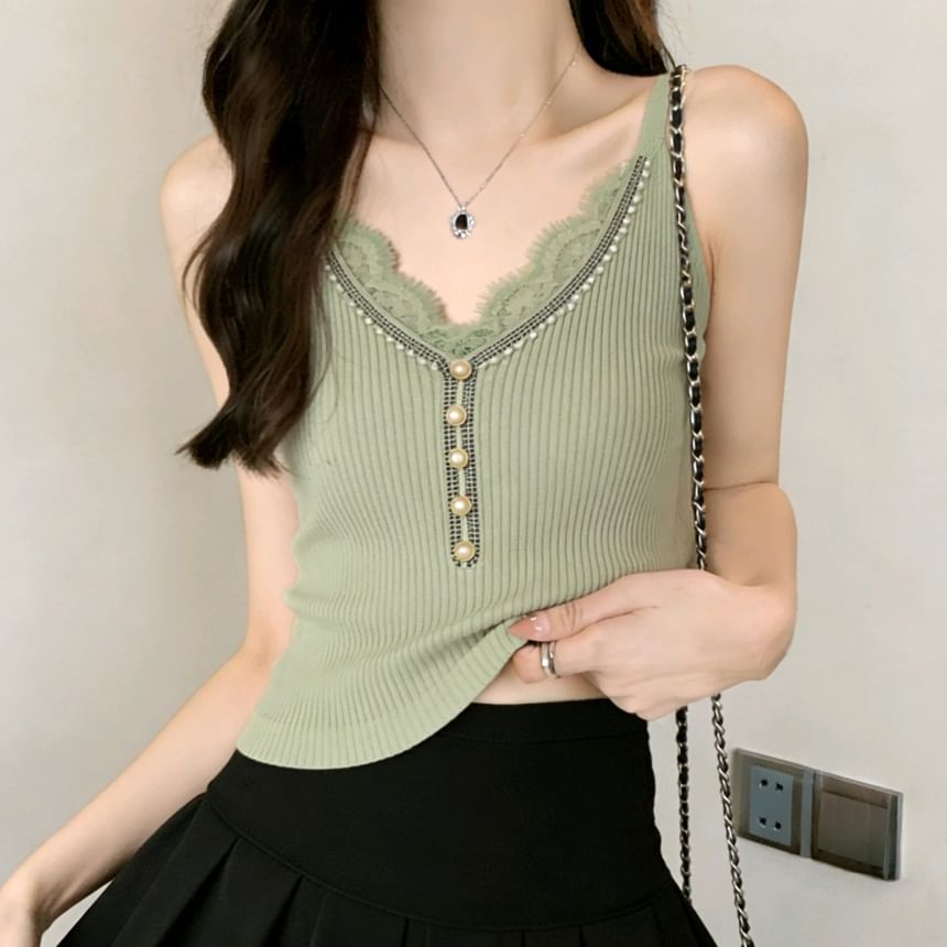 Lace-Trim V-Neck Knit Tank