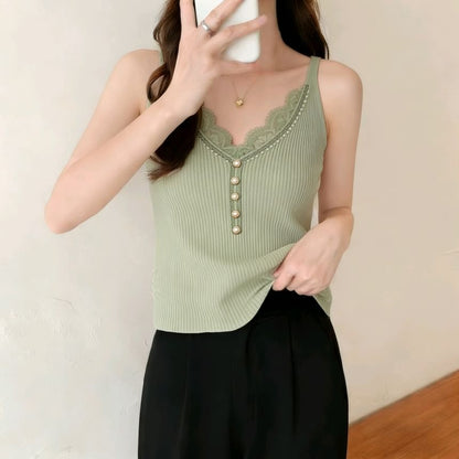 Lace-Trim V-Neck Knit Tank