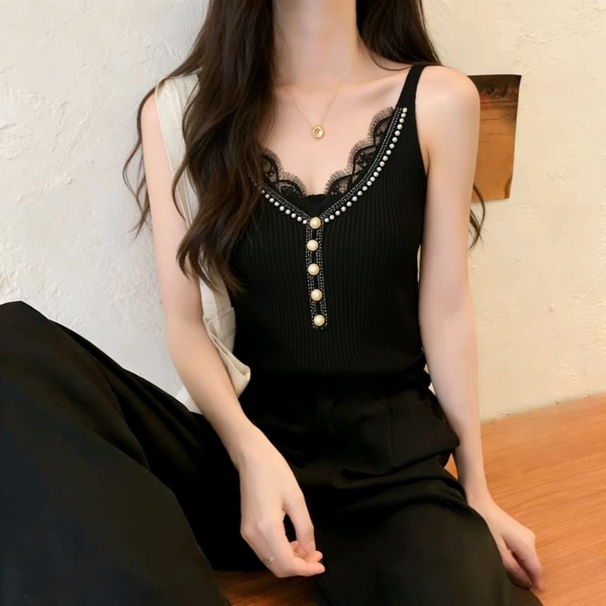 Lace-Trim V-Neck Knit Tank