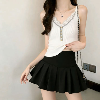 Lace-Trim V-Neck Knit Tank