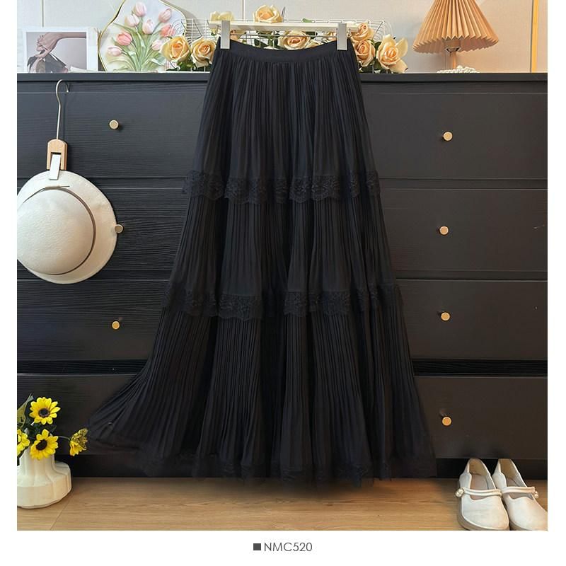 Tiered Mesh Maxi Skirt with Lace Panels - Altfashion Shop