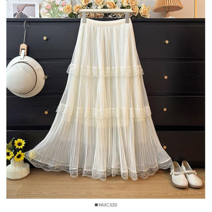 Tiered Mesh Maxi Skirt with Lace Panels - Altfashion Shop