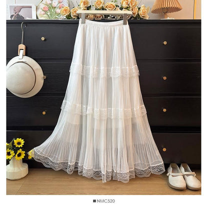 Tiered Mesh Maxi Skirt with Lace Panels - Altfashion Shop