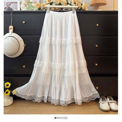 Tiered Mesh Maxi Skirt with Lace Panels - Altfashion Shop