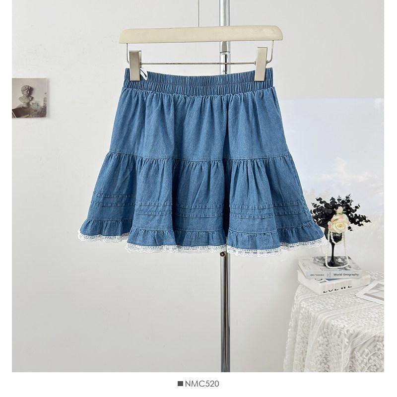 Washed Denim Mini Skirt with Lace Trim - Altfashion Shop