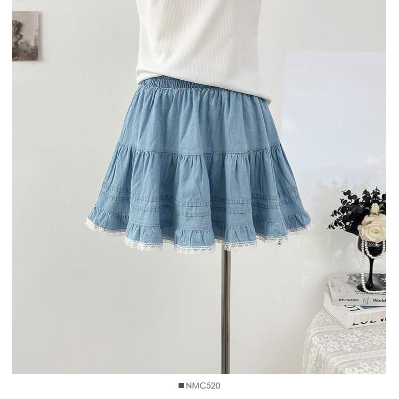 Washed Denim Mini Skirt with Lace Trim - Altfashion Shop