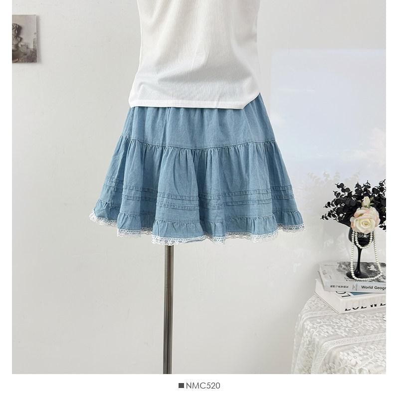 Washed Denim Mini Skirt with Lace Trim - Altfashion Shop