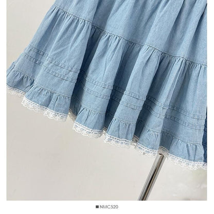 Washed Denim Mini Skirt with Lace Trim - Altfashion Shop