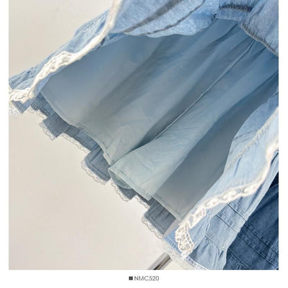 Washed Denim Mini Skirt with Lace Trim - Altfashion Shop