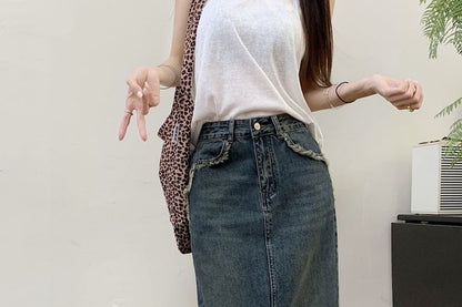 Fringed Denim Maxi Pencil Skirt with Front Slit - Altfashion Shop