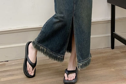 Fringed Denim Maxi Pencil Skirt with Front Slit - Altfashion Shop
