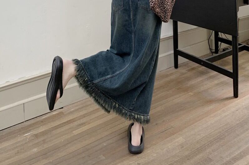 Fringed Denim Maxi Pencil Skirt with Front Slit - Altfashion Shop