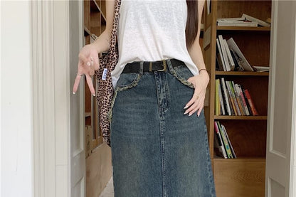 Fringed Denim Maxi Pencil Skirt with Front Slit - Altfashion Shop